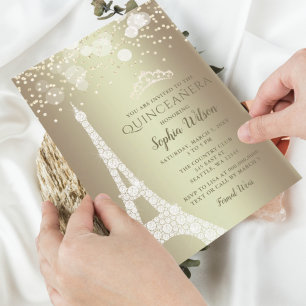 Budget Eiffel Tower Gold Quinceañera Uitnodiging