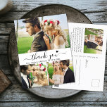 Budget Elegant 3 Foto Collage Wedding Dank u Briefkaart<br><div class="desc">Budget Elegante Stijlvolle Hand Lettered Script 3 Fotocollage Bruiloft Dank u briefkaart. Minimalistische bruiloft dank u kaart sjabloon met 3 foto op de voorkant en een foto op de achterkant. Met de tekst "Thank You" in een wervelende hand geletterde typografie script lettertype met swash staart en weinig liefde hart in...</div>