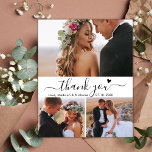 Budget Elegant 3 Foto Collage Wedding Dank u Briefkaart<br><div class="desc">Budget Stijlvolle Elegante Hand Lettered Script 3 Foto Collage Bruiloft Dank u briefkaart. Minimalistische bruiloft dank u kaart sjabloon met 3 foto op de voorkant en een foto op de achterkant. Met de tekst "Thank You" in een wervelende hand geletterde typografie script lettertype met swash staart en weinig liefde hart...</div>