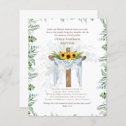 BUDGET Elegant BAPTISM nodigt Greenery Sunflower u (Voorkant / Achterkant)