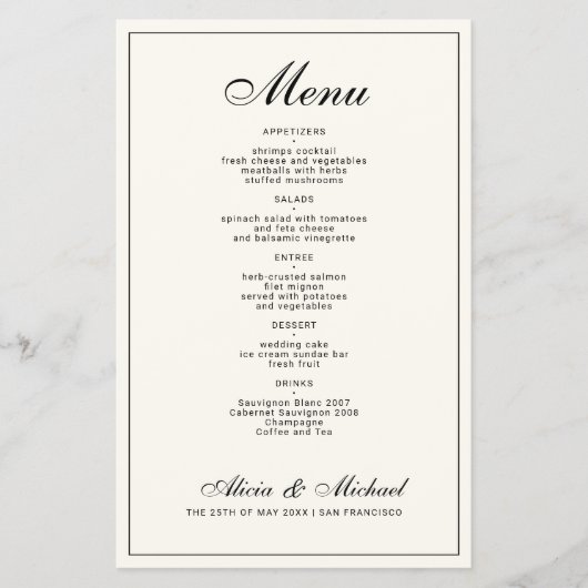 Budget elegant black cream ivory wedding menu (Voorkant)