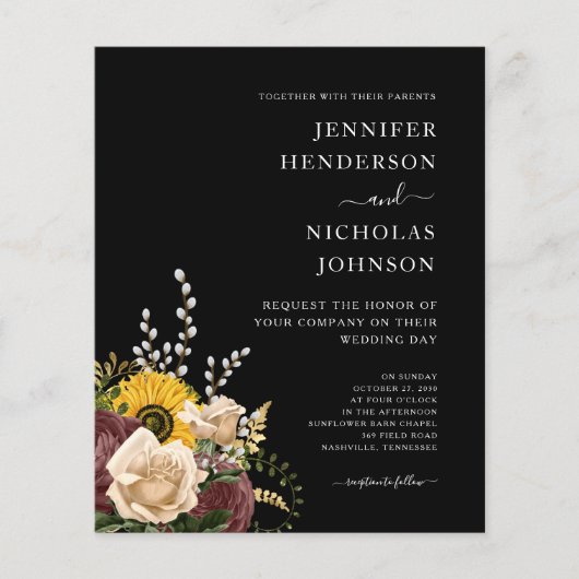 Budget Elegant Black Floral Wedding Invitation Flyer (Voorkant)