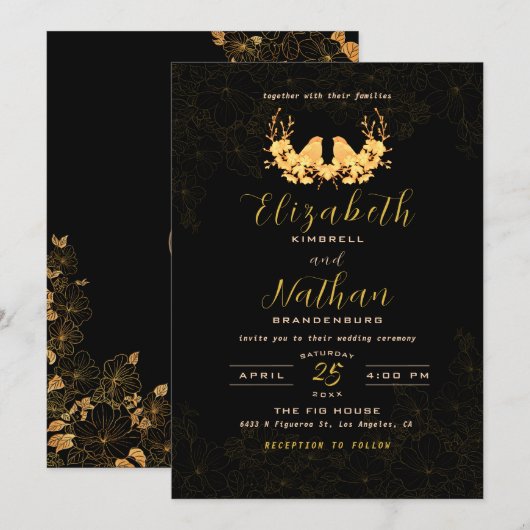 Budget Elegant Black Gold Birds Wedding Invite Bedankkaart (Voorkant / Achterkant)