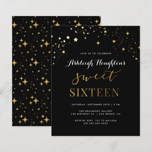 Budget Elegant Black & Gold Star Confetti Sweet 16 (Voorkant / Achterkant)