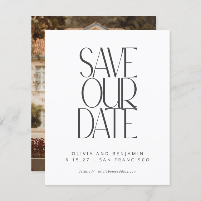 Budget Elegant Black White Photo Save the Date (Voorkant / Achterkant)