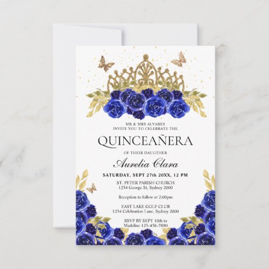 Budget Elegant Blauw Bloemen Goud Tiara Quinceaner Notitiekaartje (Voorkant)