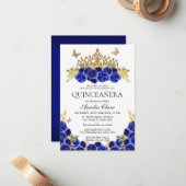 Budget Elegant Blauw Bloemen Goud Tiara Quinceaner Notitiekaartje (Voorkant / Achterkant in situ)