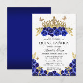 Budget Elegant Blauw Bloemen Goud Tiara Quinceaner Notitiekaartje (Voorkant / Achterkant)