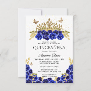 Budget Elegant Blauw Bloemen Goud Tiara Quinceaner Notitiekaartje
