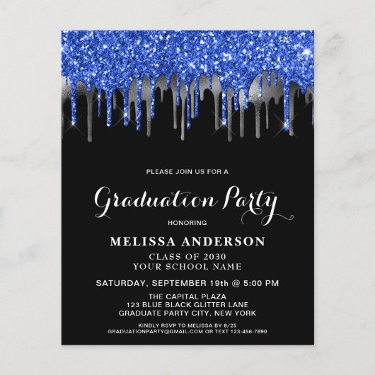 Budget Elegant Blauw Zilver Glitter Drip Afstudere (Voorkant)