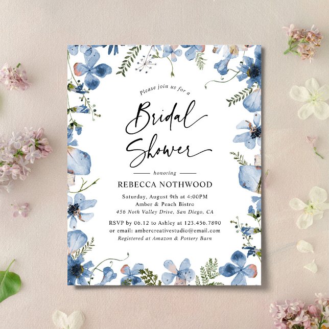 Budget Elegant Blue Boho Bridal Shower Uitnodiging (Creator heeft geüpload)