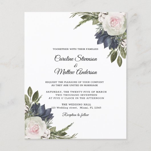 Budget Elegant Blue Floral Wedding Flyer (Voorkant)