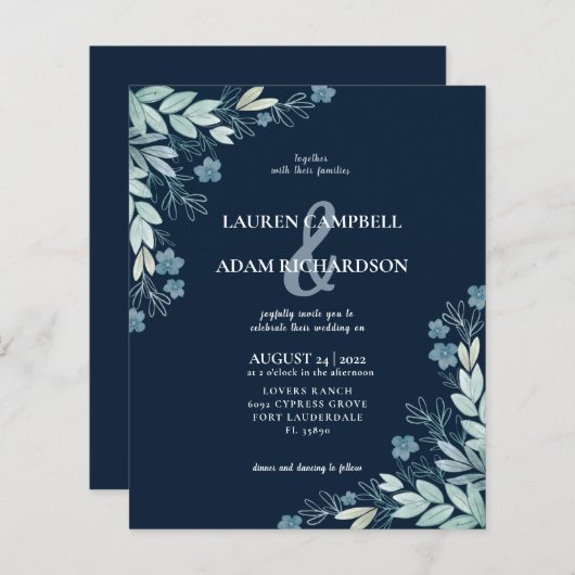 Budget Elegant Blue Foliage Wedding Invitation (Voorkant / Achterkant)