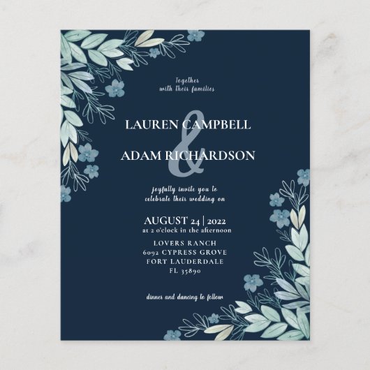 Budget Elegant Blue Foliage Wedding Invitation (Voorkant)