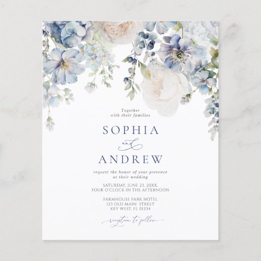 Budget Elegant Blue Hydrangea bruiloft uitnodiging (Voorkant)