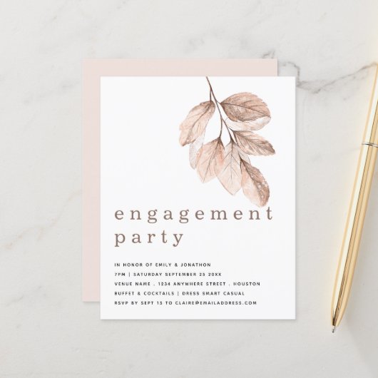 Budget Elegant Blush Leaf Engagement Party nodigt  (Voorkant / Achterkant in situ)
