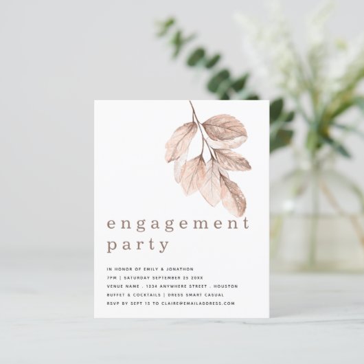 Budget Elegant Blush Leaf Engagement Party nodigt  (Staand voorkant)