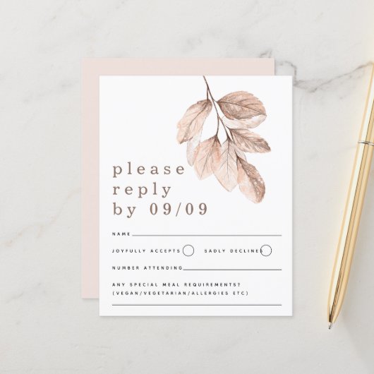 Budget Elegant Blush Leaves Wedding RSVP (Voorkant / Achterkant in situ)
