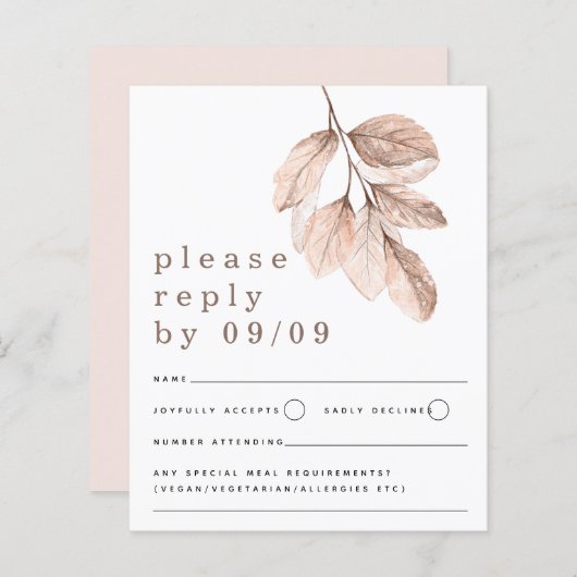 Budget Elegant Blush Leaves Wedding RSVP (Voorkant / Achterkant)