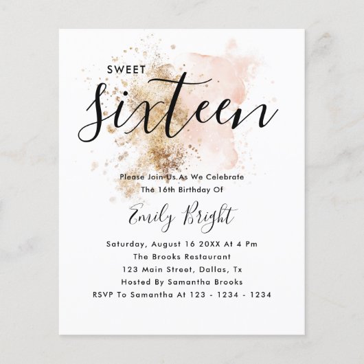 Budget Elegant Blush Pink & Gold Sweet 16 Invite Flyer (Voorkant)