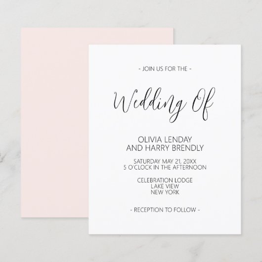 Budget Elegant Blush Pink White Wedding Invitation (Voorkant / Achterkant)