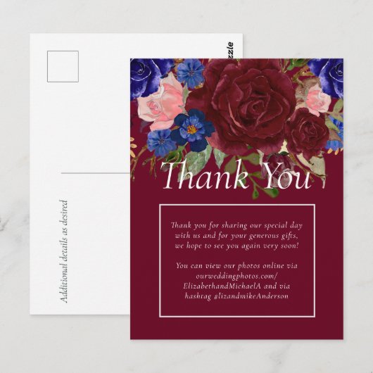 Budget Elegant Bourgondië Blauwe Bloemige Bruiloft Briefkaart (Voorkant / Achterkant)