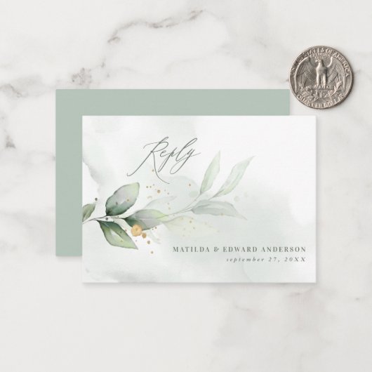 budget elegant bruiloft eucalyptus botanische RSVP Notitiekaartje (Voorkant / Achterkant in situ)