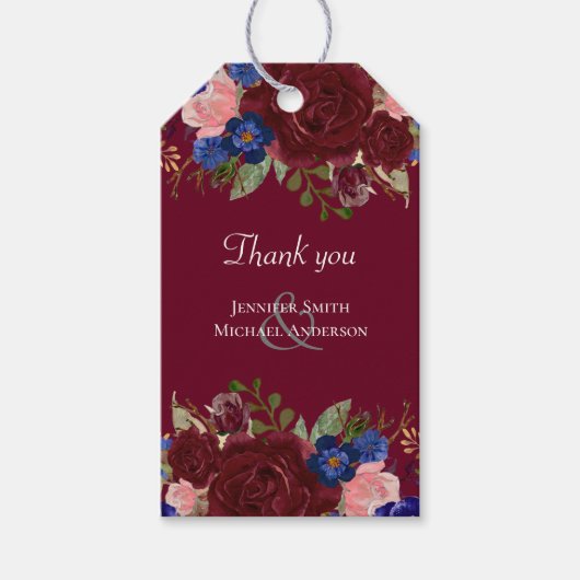 Budget Elegant Burgundy Blue Floral Wedding Cadeaulabel (Voorkant)