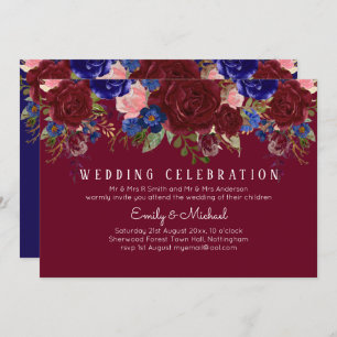 BUDGET Elegant Burgundy Blue Floral Wedding Invite Kaart