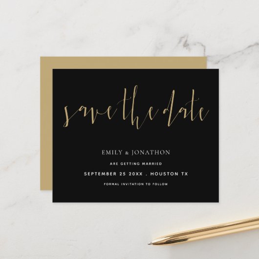 Budget Elegant Calligraphy Gold Black Save Date (Voorkant / Achterkant in situ)