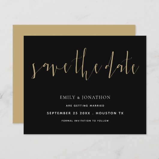 Budget Elegant Calligraphy Gold Black Save Date (Voorkant / Achterkant)