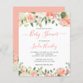 Budget Elegant Coral Floral Baby shower Uitnodigin (Voorkant / Achterkant)