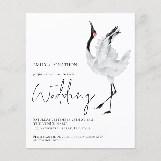 Budget Elegant Crane QR Code Weduwen Uitnodiging (Voorkant)