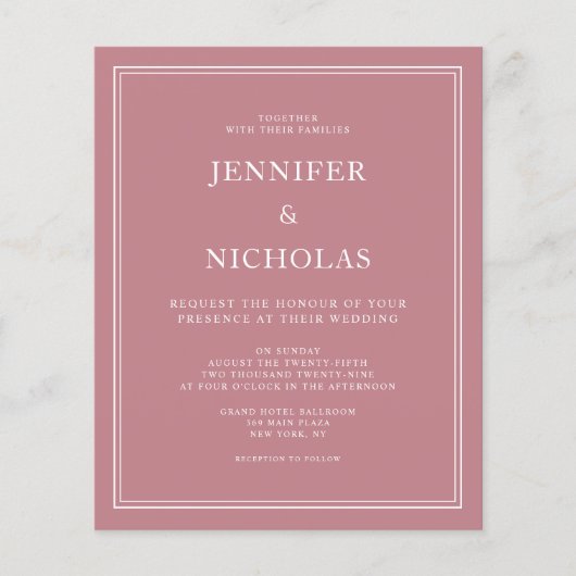 Budget Elegant Dusty Roos Pink Wedding Invite (Voorkant)