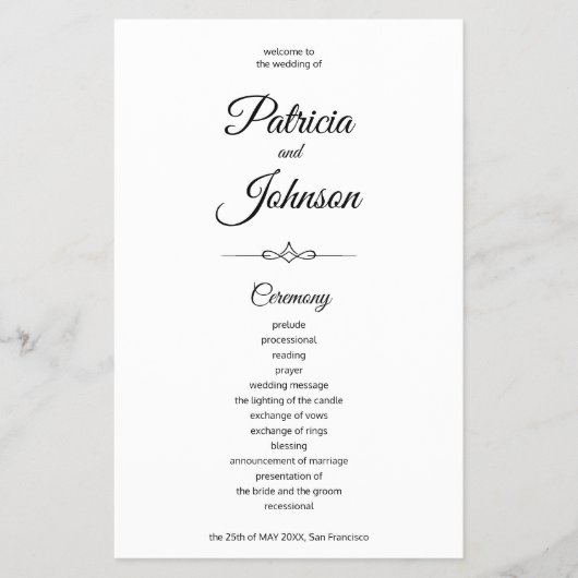 Budget elegant eenvoudig zwart wit bruiloft progra flyer (Voorkant)