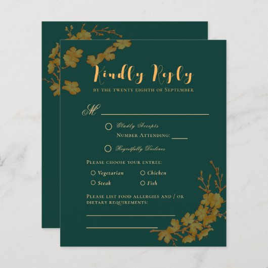 Budget Elegant Emerald Green & Gold Floral RSVP (Voorkant / Achterkant)