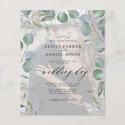 Budget elegant eucalyptus foto bruiloft uitnodigin (Voorkant)