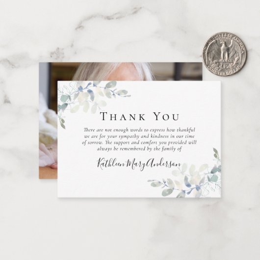 BUDGET Elegant Eucalyptus Foto Funeral Hartelijk d Notitiekaartje (Voorkant / Achterkant in situ)