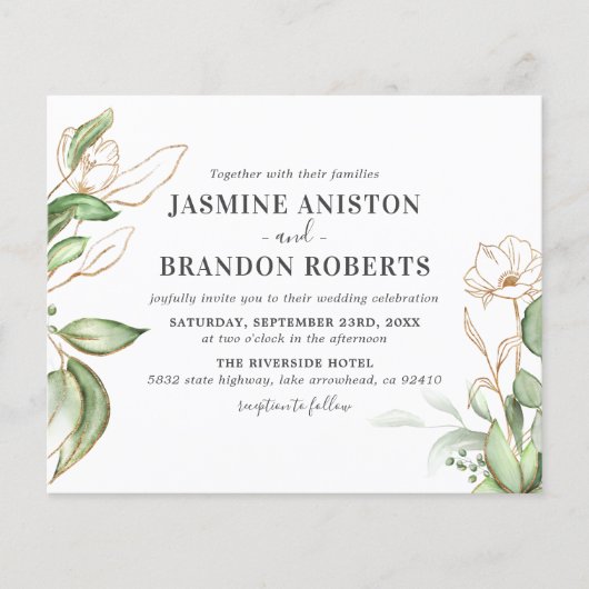 Budget Elegant Eucalyptus Gold Weduwen Uitnodiging (Voorkant)