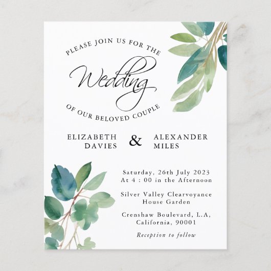 Budget Elegant Eucalyptus Groen Bruiloft Kaart (Voorkant)