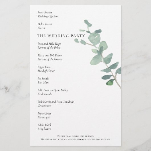 Budget Elegant Eucalyptus Script Weddenprogramma (Achterkant)