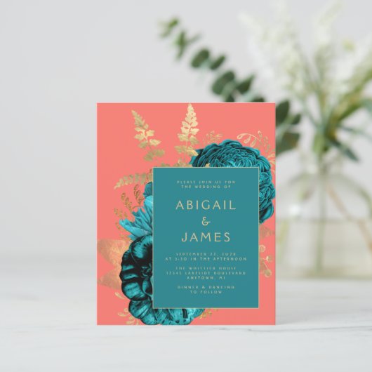 Budget Elegant Floral Teal Coral Gold Wedding (Staand voorkant)