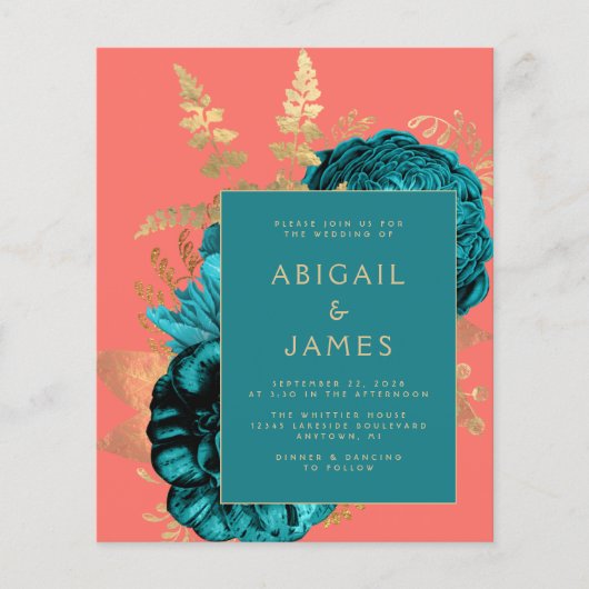 Budget Elegant Floral Teal Coral Gold Wedding (Voorkant)