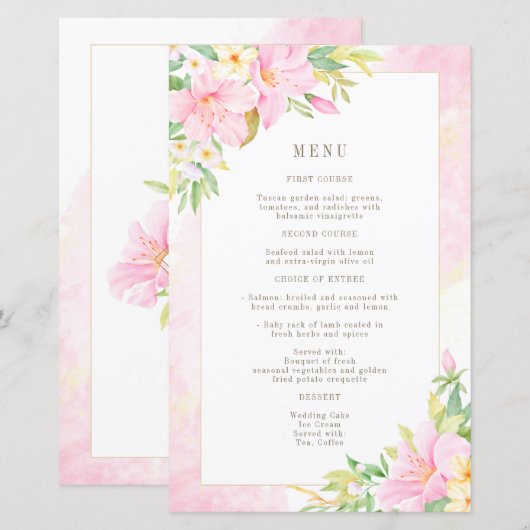 Budget Elegant Floral Waterverf Pink Wedding Menu (Voorkant / Achterkant)