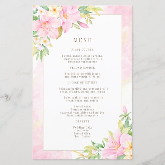 Budget Elegant Floral Waterverf Pink Wedding Menu (Voorkant)