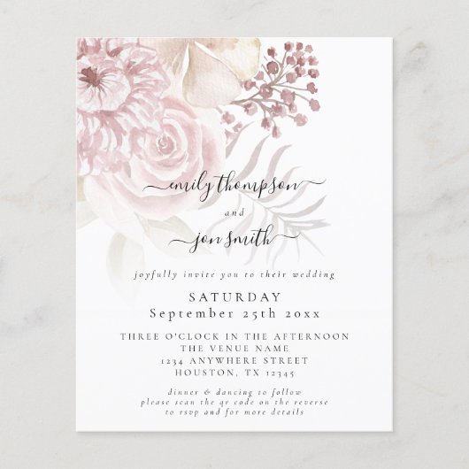 Budget Elegant Florals QR Code Weduwen Uitnodiging (Voorkant)