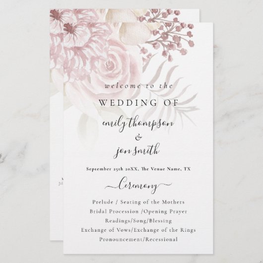 Budget Elegant Florals Script Pink Wedding Program (Voorkant / Achterkant)