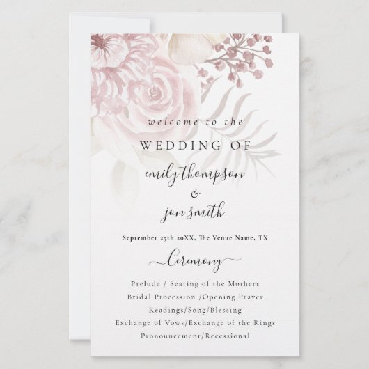 Budget Elegant Florals Script Pink Wedding Program (Voorkant)