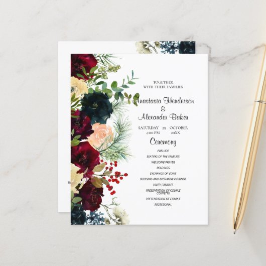 Budget Elegant Flowers Wedding Program. (Voorkant / Achterkant in situ)