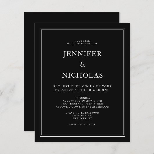 Budget Elegant Formal Black Wedding Uitnodiging (Voorkant / Achterkant)